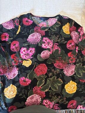 RACHEL Rachel Roy Black Floral long sleeve Tunic with Pink, Yellow & Red Blooms